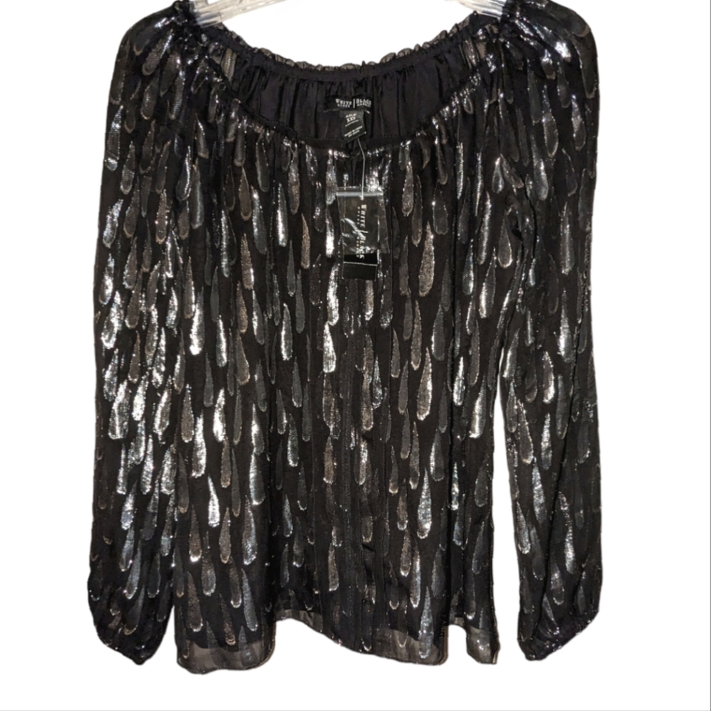 White House Black Market SILK Silver Metallic Shimmer Bling Cocktail Blouse WHBM
